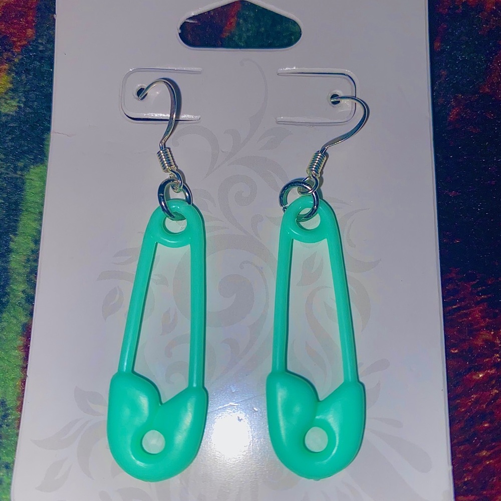 green safety pin earrings